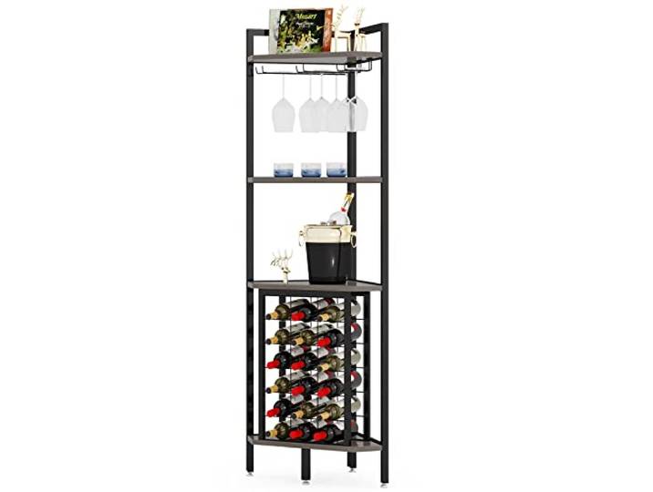 LITTLE TREE Weinregal,4-stöckiges Platzsparendes Freistehendes Eck-Weinregal, Weinregal mit Glashalter, Mehrstöckiges Flaschenregal fürfür Bar, Küche, Esszimme, Braun