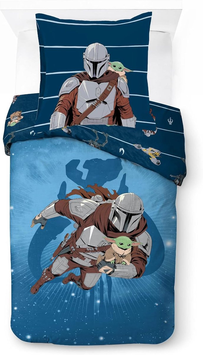 Franco Kids Star Wars The Mandalorian beddengoedset voor kinderen, 100% katoen, blauw, 2-delig, eenpersoonsbed, kussensloop 80x80 cm