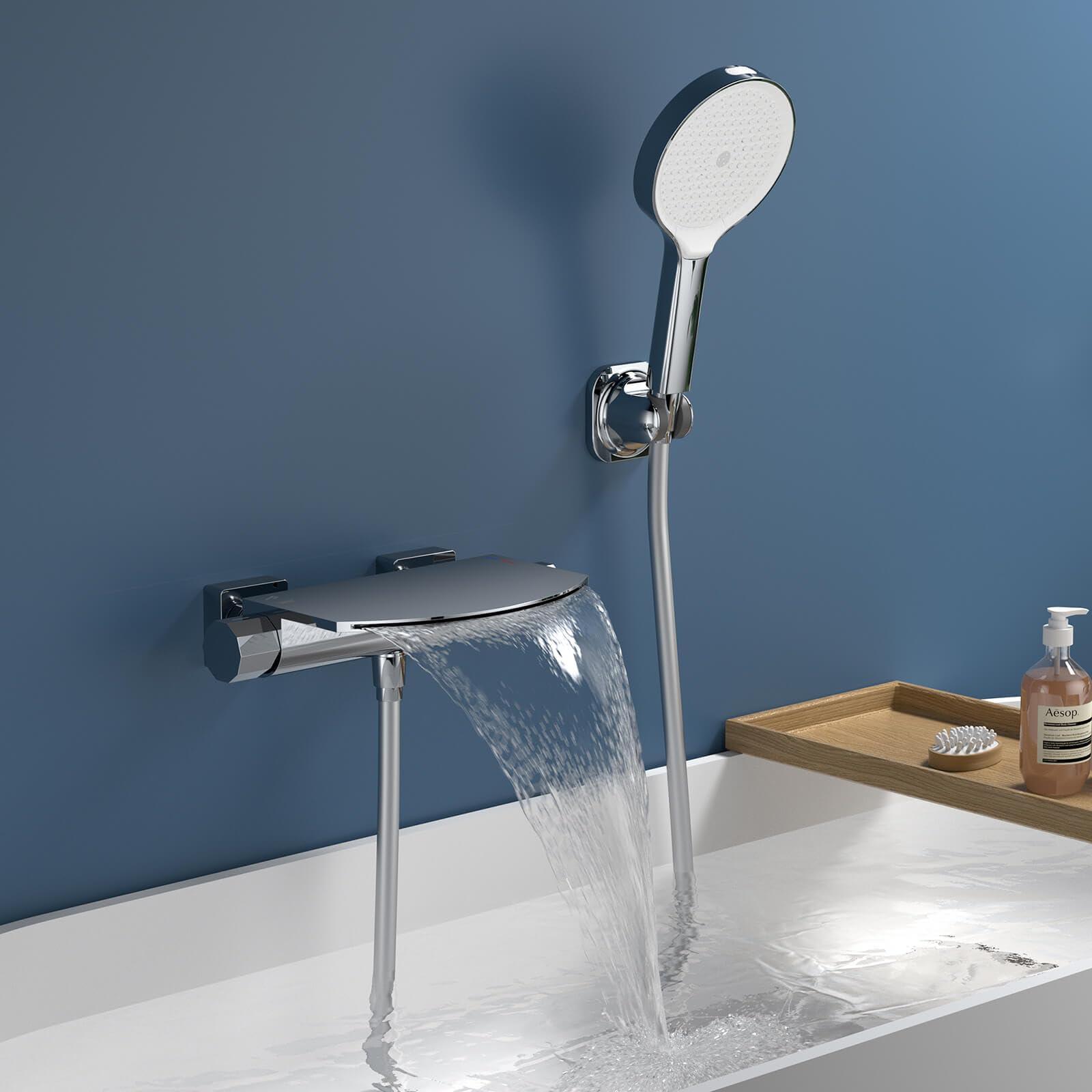 Wasserfall-Badarmatur mit Handbrause, Wandmontage, Chroom, Messing
