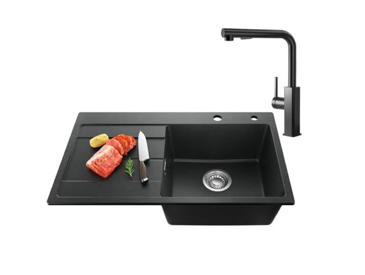 CECIPA Spüle Granit 78 x 45 cm mit Küchenarmatur Ausziehbar, Waschbecken Küche aus Granit, Küchenspüle für 45 cm breite Unterschränke, Spülbecken Einbauspüle inkl. Siphon Ab- und Überlaufgarnitur