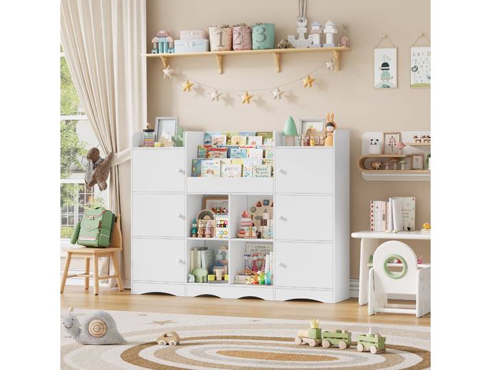 Getone Meuble Rangement Enfant avec 15 Étagères de Rangement 6 Portes Bibliothèque Enfant Rangement Jouet Enfants pour Chambre Enfant Salle de Jeu 140x30x106 cm