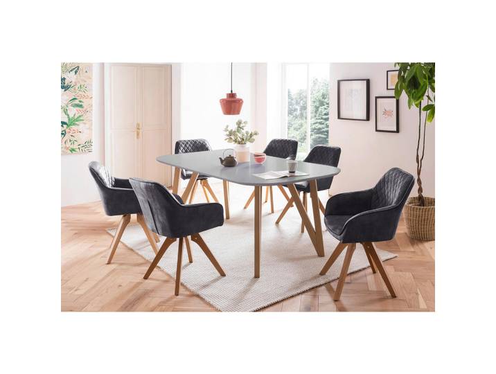 Mid.you Tischgruppe, Grau, Schwarz, Holz, Buche, Eiche, massiv, Raute, oval, Stativgestell, 90x76x180 cm, Esszimmer, Tische, Esstische