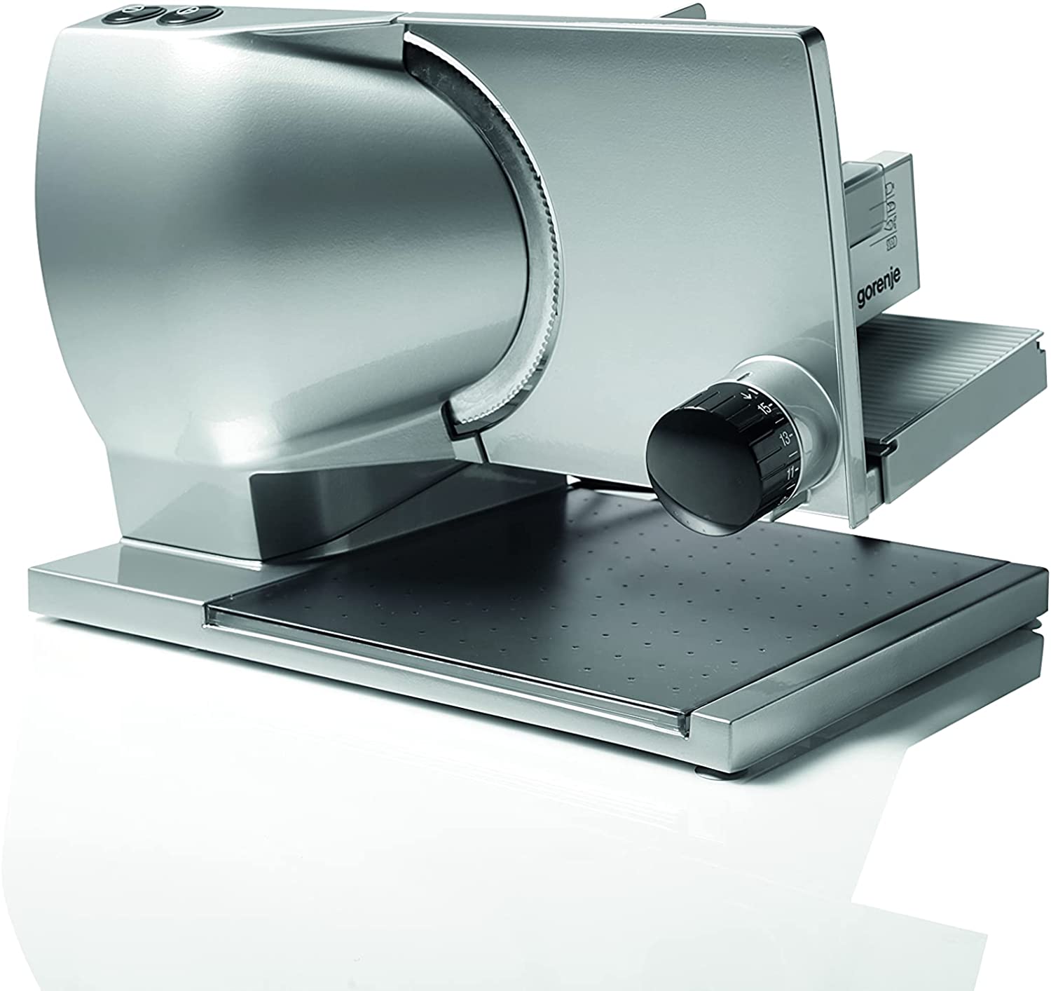 Gorenje R 901 A elektrischer Allesschneider/rostfreie Solingen Edelstahlmesser/Sicherheitssystem/ Abnehmbarer Schneidgutschlitten/Silbermetallic