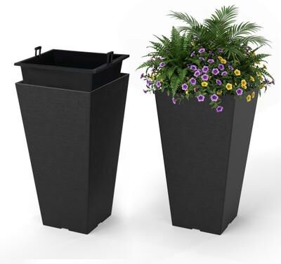 Costway 22.5 inch Tall Square Planter Set of 2 Self-Watering Flower Pots with Removable Inner Bucket-Black