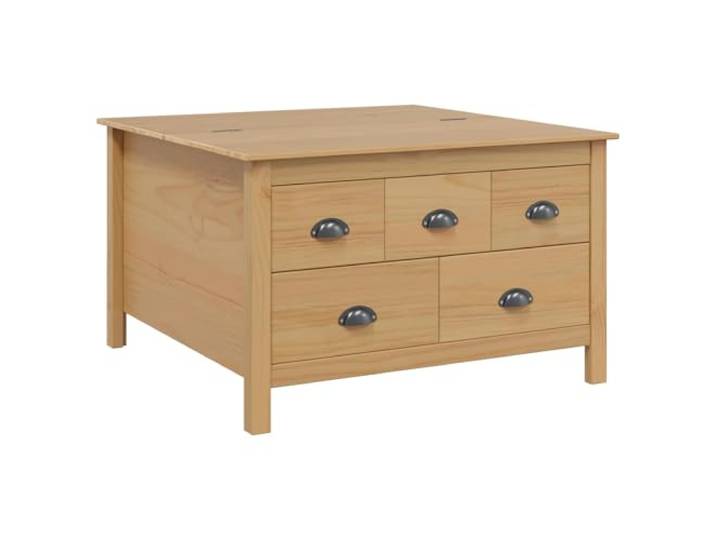 XHNIFBN Couchtisch Massivholz Kiefer mit 5 Schubladen 79,5x79,5x49 cm Quadratischer Wohnzimmertisch aus echtem Holz in Honigbraun sorgt für Ordnung und Stil im modernen Zuhause.
