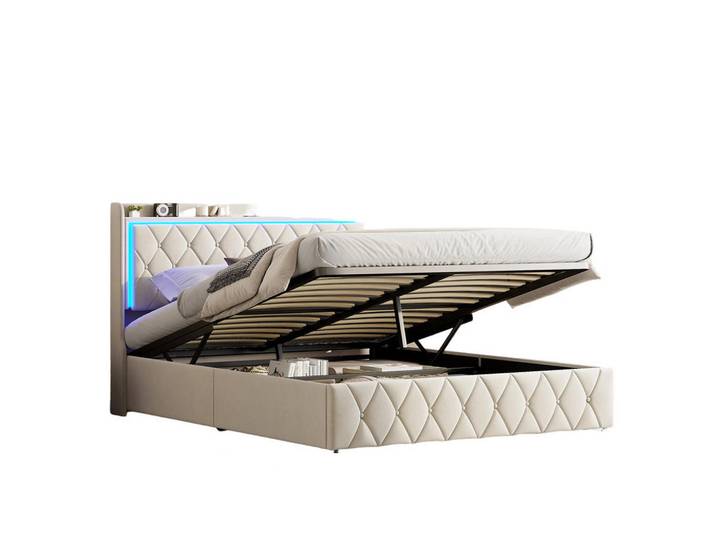 Shopentra Polsterbett 140x200cm beige, Weiß, Metall, Schlafzimmer, Betten, Polsterbetten