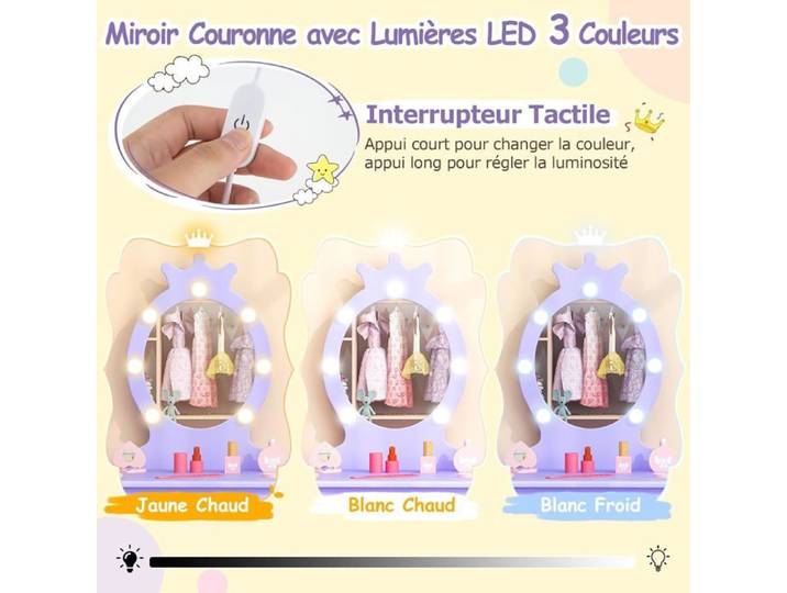 GIANTEX Coiffeuse Enfant Fille avec Miroir et Tabouret Lumières LED 3 Couleurs avec Accessoires de Beauté (Violet)