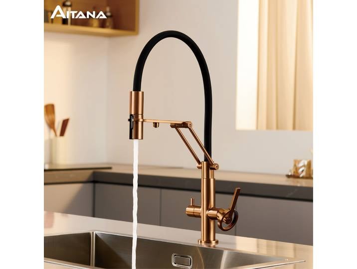 Robinet de cuisine industriel en laiton brossé couleur or rose avec filtre séparé. Robinet mitigeur monocommande extractible pour eau chaude et froide