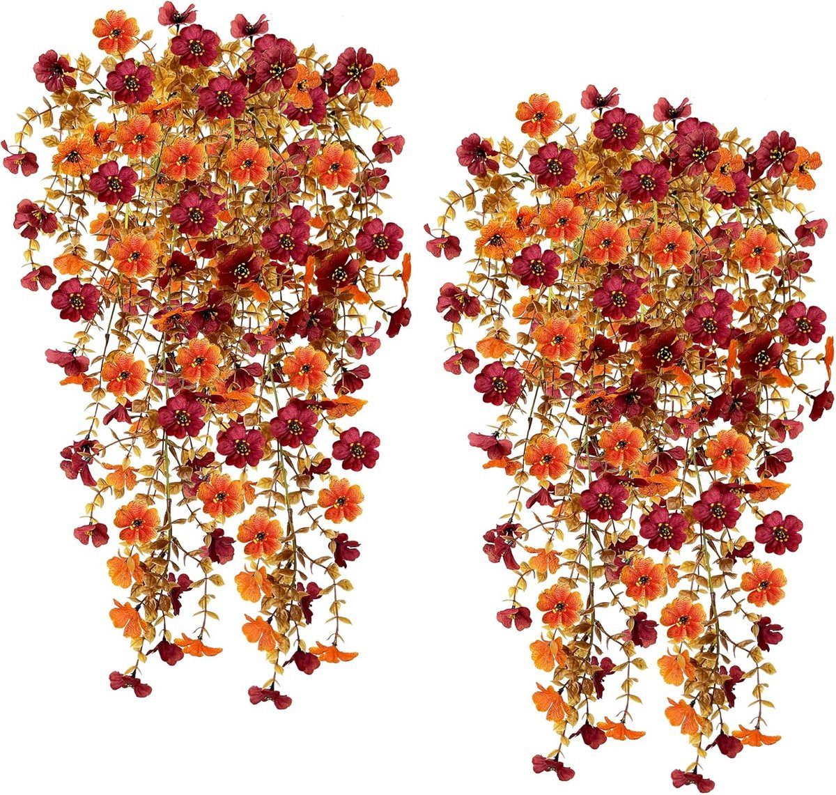 UV-bestendige kunsthangplant met zijden eucalyptusbloemen in oranje roodbruin, 70 cm