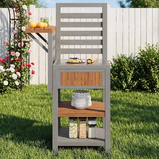 Gartenschrank Holz Outdoor wetterfest - Geräteschrank mit großer Edelstahl-Arbeitsfläche & doppeltem Ablageboden, Grillstation mit zusätzlichem Stauraum, wetterbeständiger Küchenschrank
