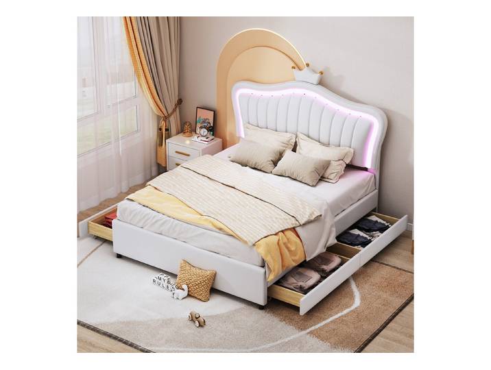 Odikalo Polsterbett Jugendbett Doppelbett 140×200 mit LED (mit gepolstertem Kopfteil, mit 4 seitlichen Stauraumschubladen,Sparen Sie Speicherplatz geeignet für Schlafzimmer)