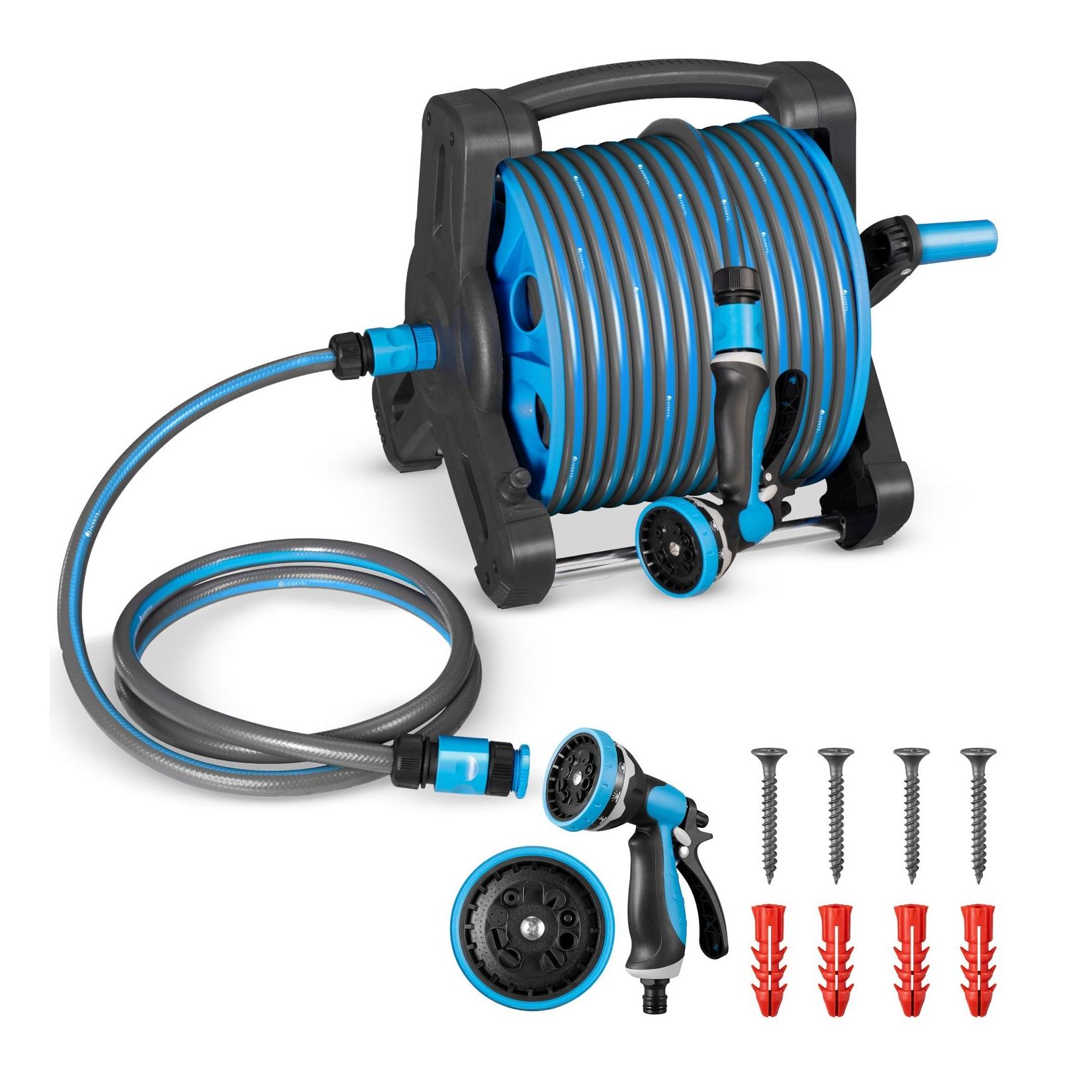 Juskys Schlauchtrommel Basic mit 30 m Wasserschlauch, Multifunktionsbrause und Halterung – Blau Grau