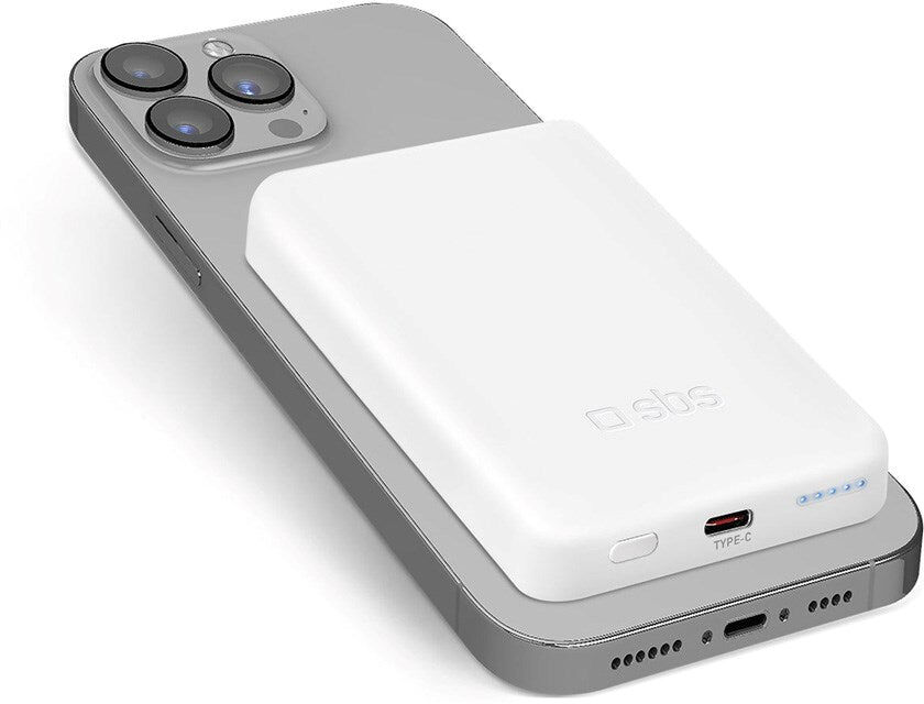 SBS Mag 5000 mAh PowerBank m. USB-C & Trådløs Opladning - Hvid