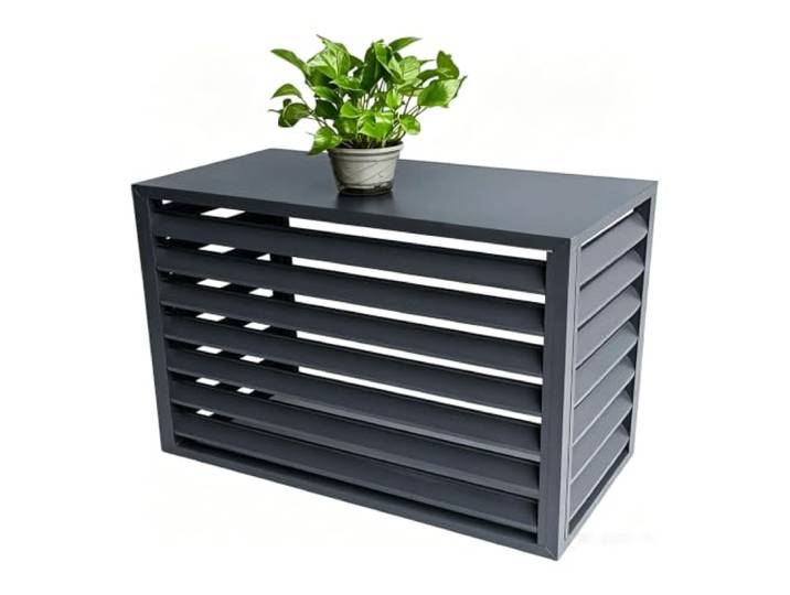 Wärmepumpenverkleidung Außen Standhaube Alu Grau Flachdeck 120x70x150cm Werkstoff Alulegierung Finish Pulverlackierung Luftstrom Lamellengitter Ablage Pflanzentablett Montage Eckwinkel-System