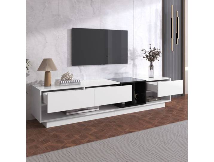 Meuble TV - SOMUBI - 190 cm - Blanc brillant - 3 tiroirs - Design moderne