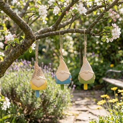Sagebrook Home "Hanging Ceramic Gnome Bells Windchimes - Set of 3, 7"", Ivory & Yellow - 7.0"""