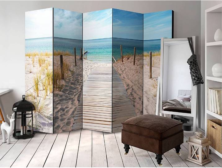 Paravent Holiday at the Seaside Akustik Vlies auf Kiefer Massiv Beige 225 x 172cm