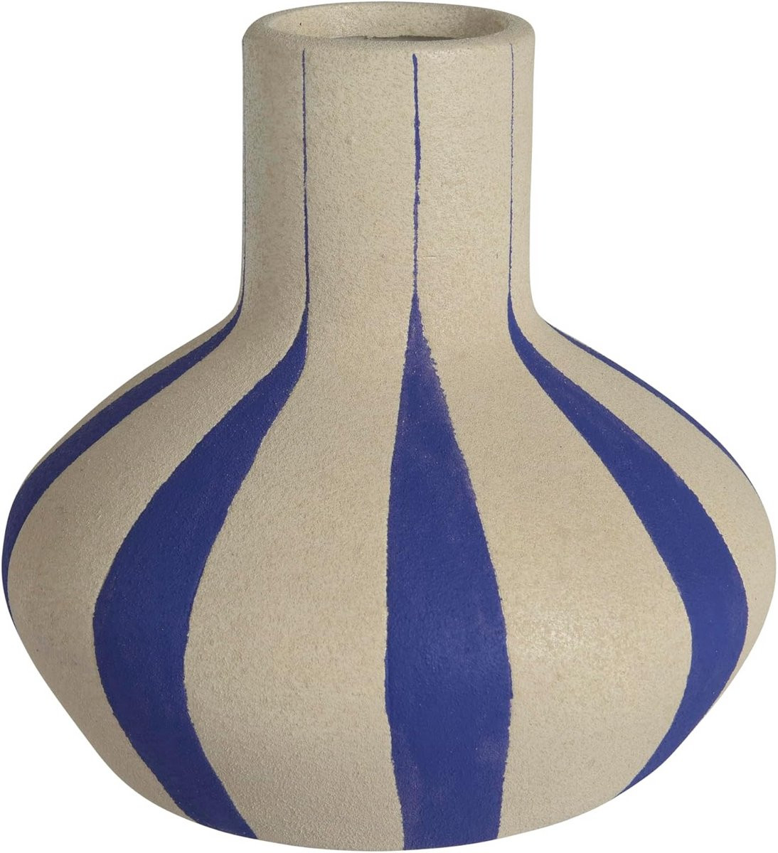 Terracotta vaas met blauwe en warm witte strepen, Hoogte: 15,5 cm