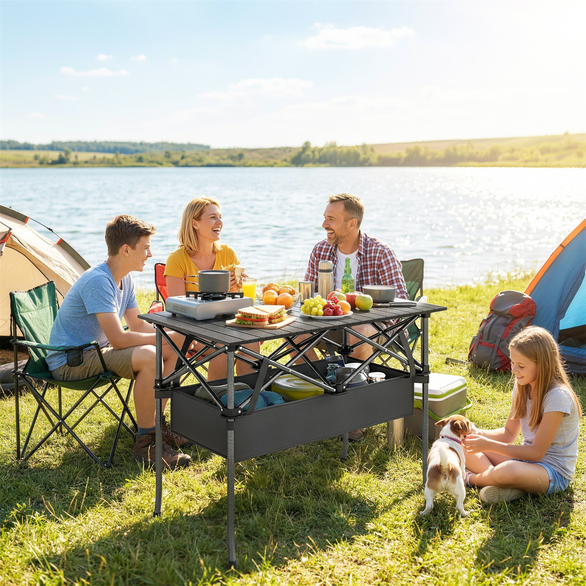 Outsunny Tavolo da Picnic Pieghevole 93cm, Tavolo da Campeggio con Rete Portaoggetti, Borsa per Trasporto e Struttura in Metallo, Portatile per Giardino, Parco, BBQ, Nero   Aosom Italy