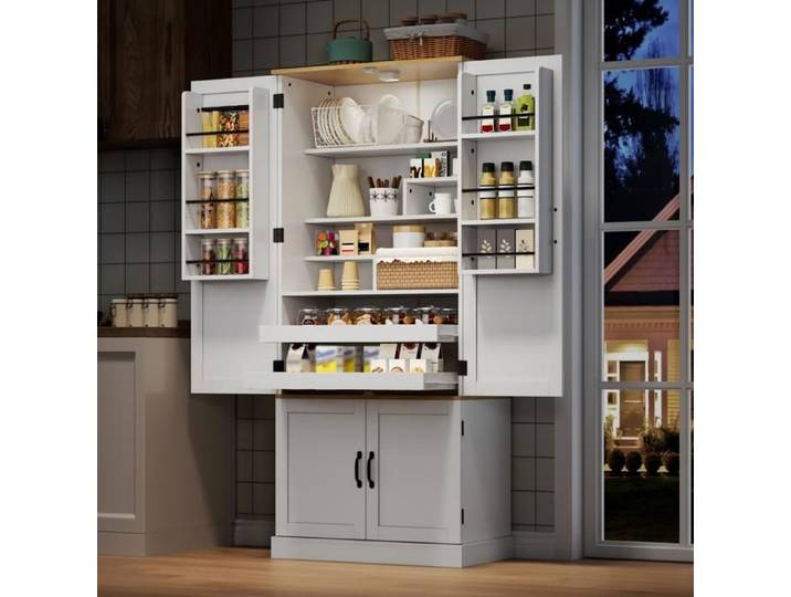Buffet de cuisine - ZEVKOR - 80×40×180 cm - 4 portes - 2 tiroirs - Éclairage à détection