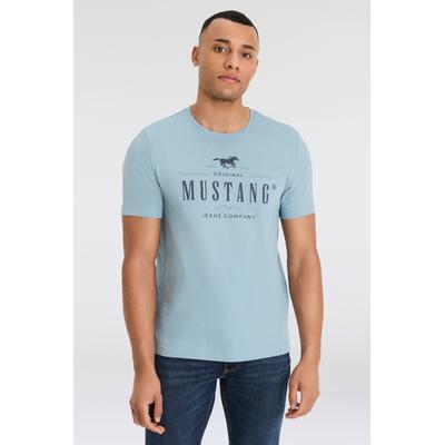 T-Shirt MUSTANG "MU Style Alex C Print", Herren, Gr. XXL (60/62), blau (smoke blau), Jersey, Obermaterial: 100% Baumwolle, bedruckt, Rundhals, Shirts T-Shirt, Kurzarm-Design, bequeme Passform, bedruckte Optik, Topseller