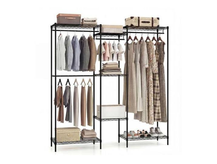 Rangement optimisé portant à vêtements modulable 7 étagères réglables et 4 barres montage en L ou horizontal
