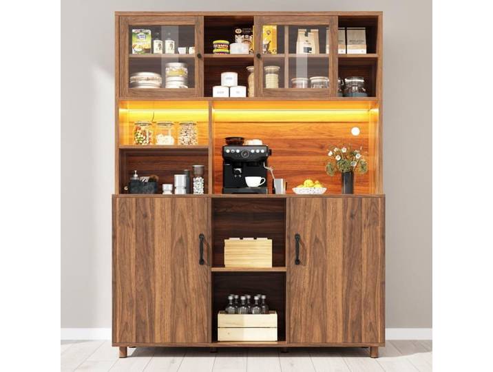 URBAN MEUBLE Buffet haut vaisselier effet bois noyer et vitrine en verre avec éclairage LED intelligent