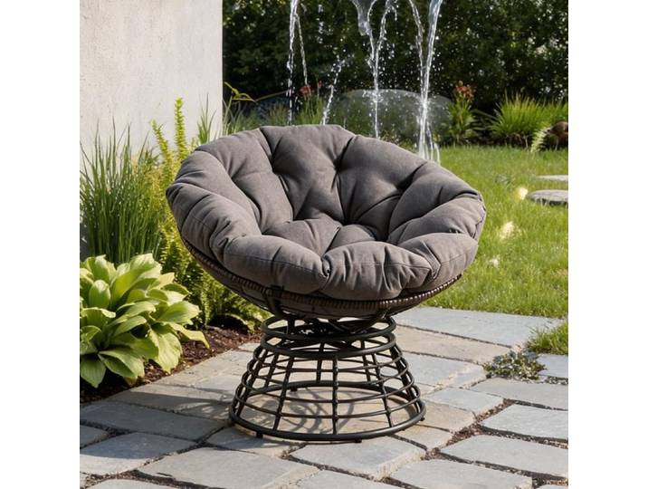 Fauteuil 1 place en rotin et métal marron avec coussin gris pivotant 360° rond
