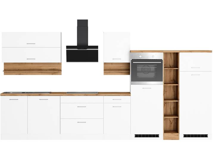 Küchenzeile, 390x200x60 cm, Spanplatte & Metall, Weiß & Wotaneiche, Viel Stauraum, Modern