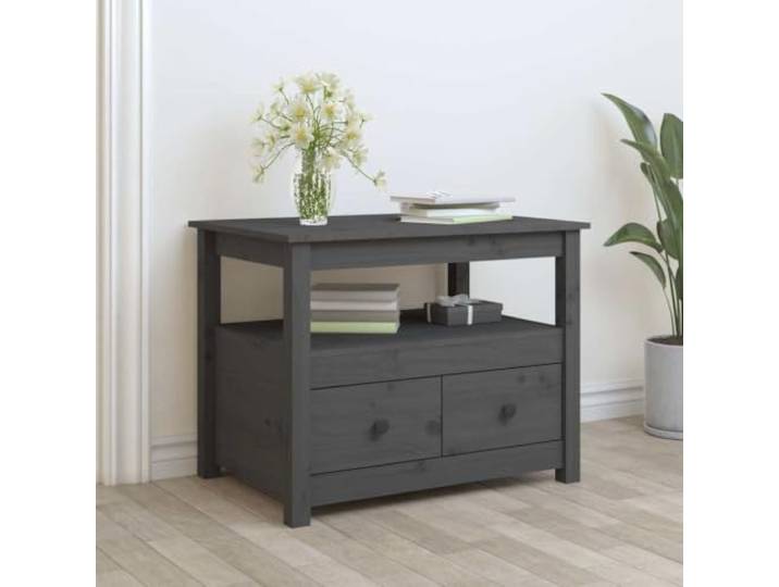 HEFZGDB Massivholz Couchtisch Grau 71x49x55 cm Kiefer mit 2 Schubladen und Ablage, Stauraum Beistelltisch, rustikale Wohnzimmereinrichtung