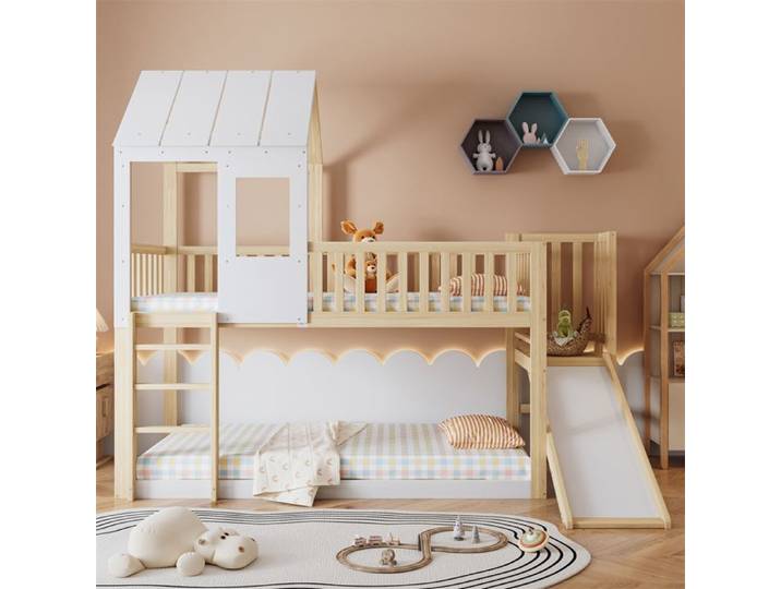 Lit superposé enfant - Lit superposé avec toboggan - 90x200 cm - Pin+MDF - Sommier à lattes inclus