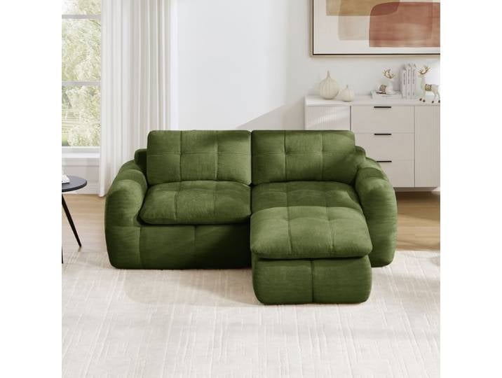 Canapé modulable 2 places - ZEVKOR - L-forme - Chenille vert - 1 ottoman - Assise 32D antidérapante