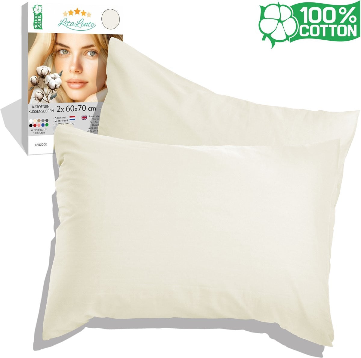 Litalente Set van 2 Antibacteriële Kussenslopen van Katoen - Crème - 60x70 cm