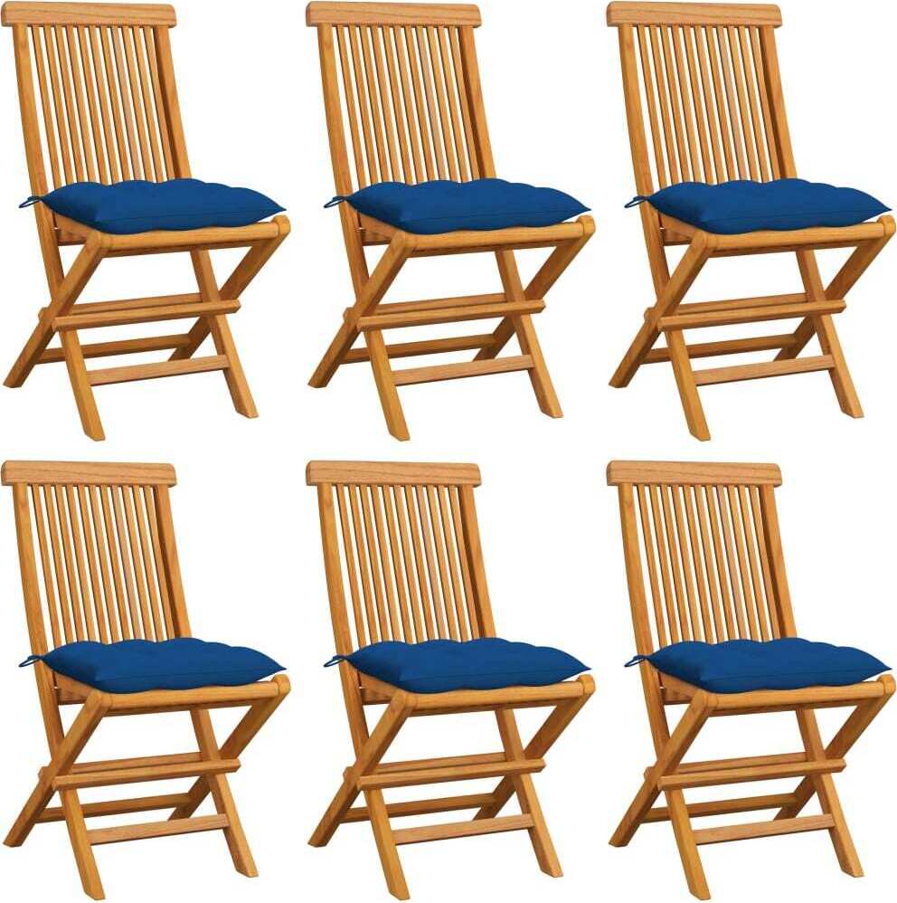 Klappstühle mit blauen Kissen, 6-teilig, Massivholz Teakholz