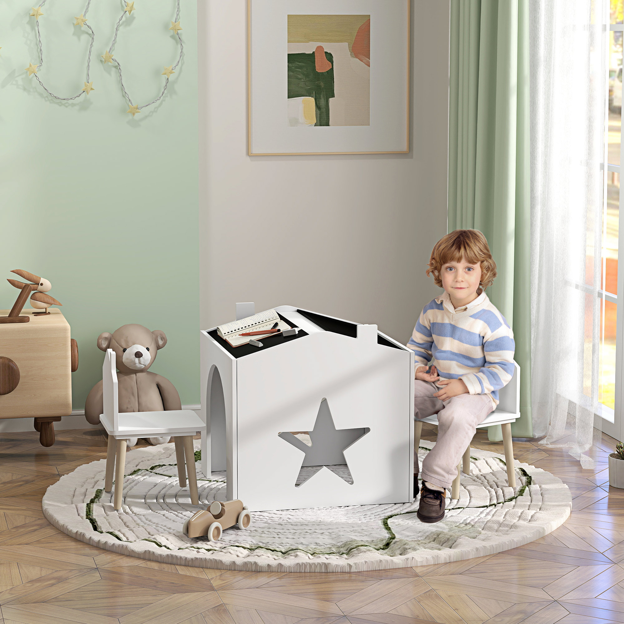 Aiyaplay Set con 2 Sedie per Bambini e Tavolino con Lavagna per Cameretta e Asilo, Età 3-8 Anni, Bianco