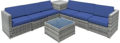 Costway 8 Piece Wicker Sofa Rattan Dinning Set Patio Furniture with Storage Table-Navy