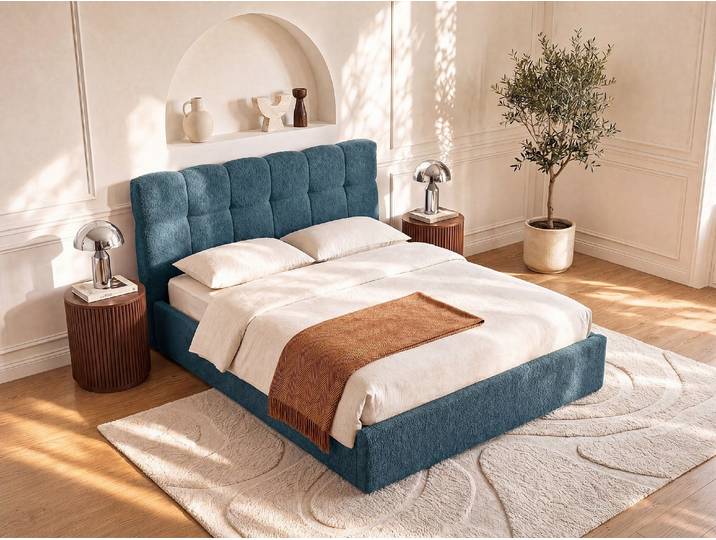 Bett mit Bett mit Bettkasten - - 160 x 200 cm - Bouclé-Stoff - Blaugrün - MAZIRI