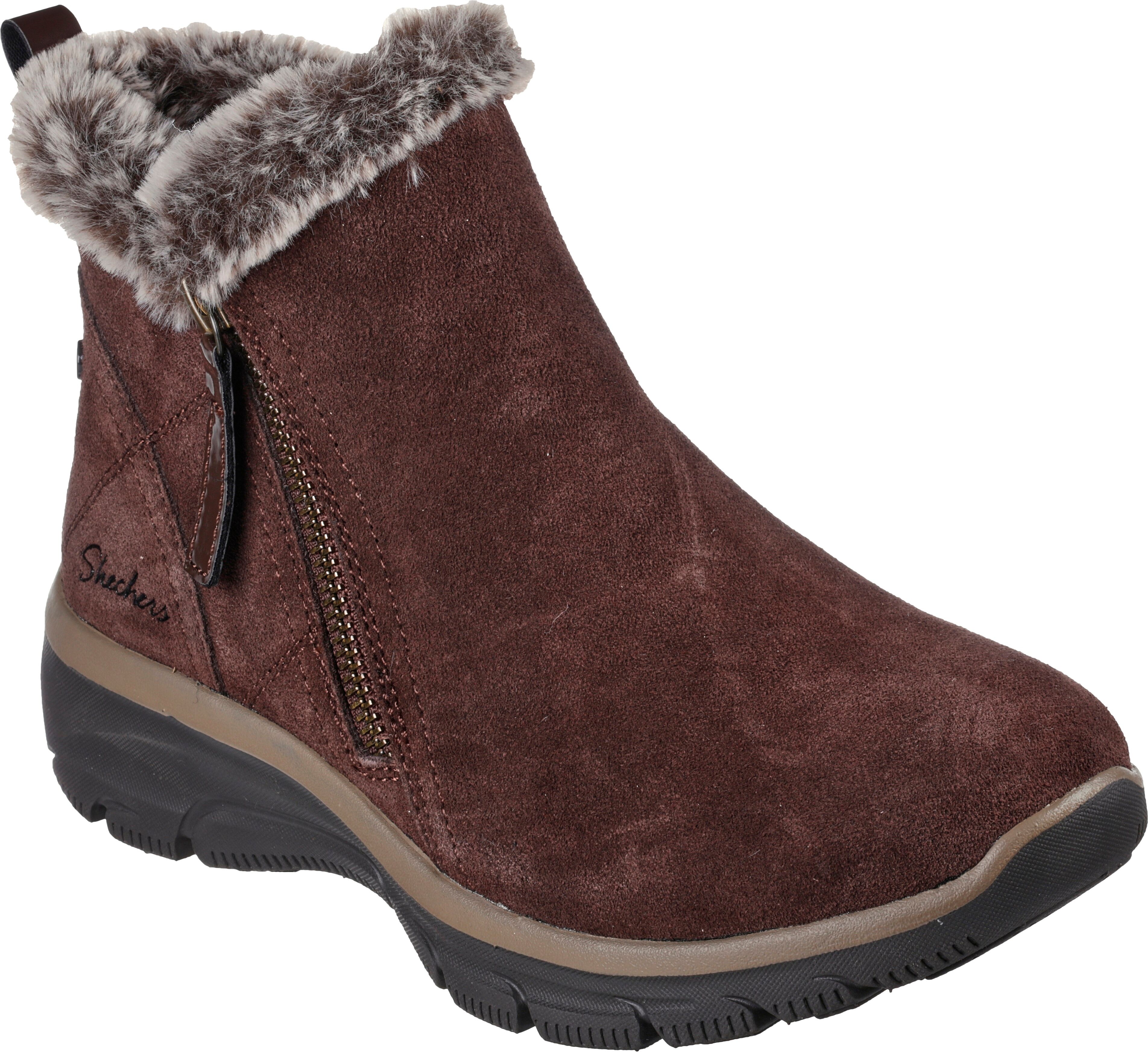 Winterboots SKECHERS "EASY GOING - HIGH ZIP", Damen, Gr. 35, Textil, braun (braun, kombiniert), Textil, Veloursleder, Schuhe Winterboots, Winterschuh mit Fellimitatkragen braun, kombiniert 35, Textil