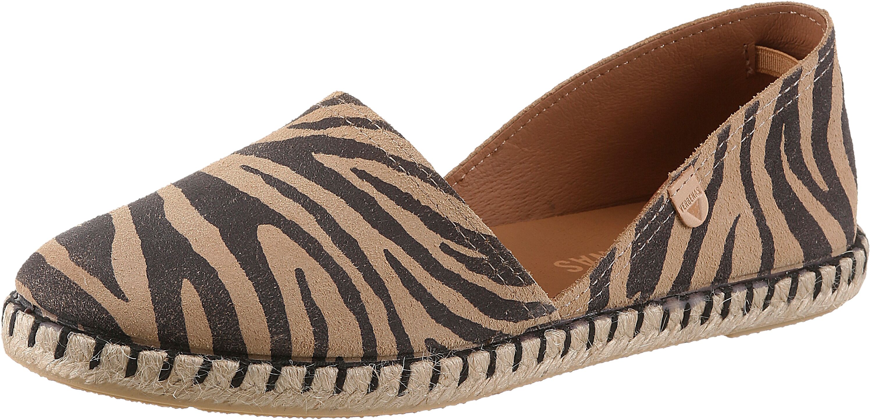 Espadrille VERBENAS, Damen, Gr. 36, ungefüttert, sand, schwarz, zebra, Veloursleder, Veloursleder, Schuhe Espadrille, Slipper, Sommerschuh, Urlaubsschuh, Flat im Zebra-Look sand, schwarz, zebra 36, ungefüttert