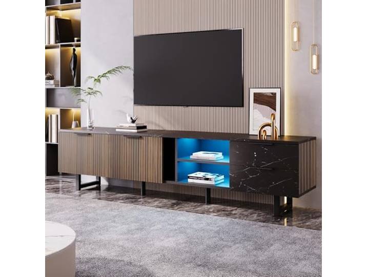 Merax TV-Schrank 200x38x50 cm, mit LED-Beleuchtung, Marmoroptik & Holzmasertüren, 2 Türen & 2 Schubladen, modernes Lowboard für Wohnzimmer, Schwarz + Holzmaserung