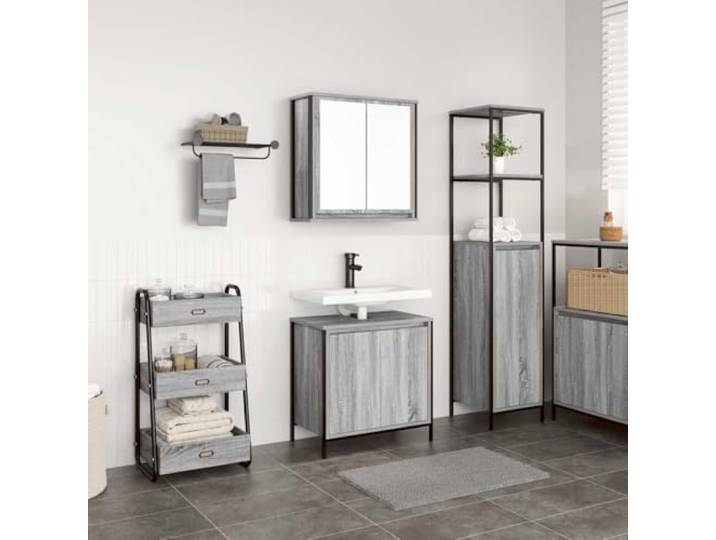2-tlg. Badmöbel-Set Grau Sonoma Holzwerkstoff mit Waschbeckenunterschrank Waschbeckenunterschrank, integrierter Spiegel, robuste Tischplatte, glatte Oberfläche, feuchtigkeitsbeständig, langlebig,