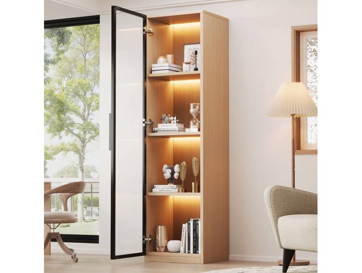 Vitrine 40 x 40 x 160 cm avec éclairage led, verre, chêne