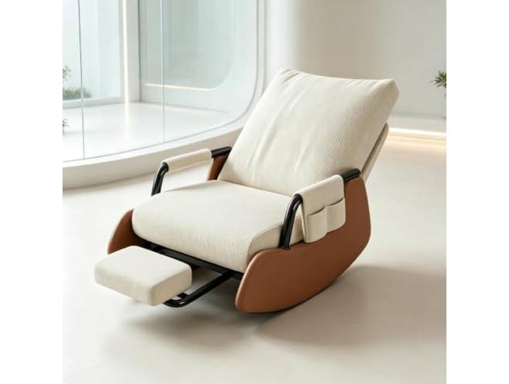 kumamart Schaukelsessel Modern mit Gepolsterten Armlehnen Ergonomischer Schaukelstuhl mit ausziehbarer Fußstütze und Seitentasche für tägliche Entspannung.