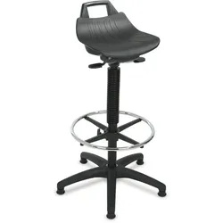 PROREGAL Stehhilfe Denver Hoch, Sitzhöhe 61-86cm, Ø63cm, Tragfähigkeit 110kg, Kunststoff-Fußkreuz, Fußring, Gleiter, Rückenstütze, Tragegriff, Schwarz