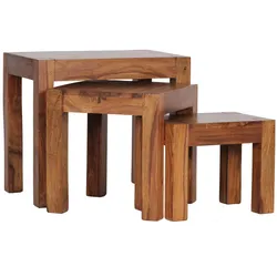 BEISTELLTISCH 3er Set Massivholz Landhausstil MUMBAI, Dunkelbraun 35x45x50 cm