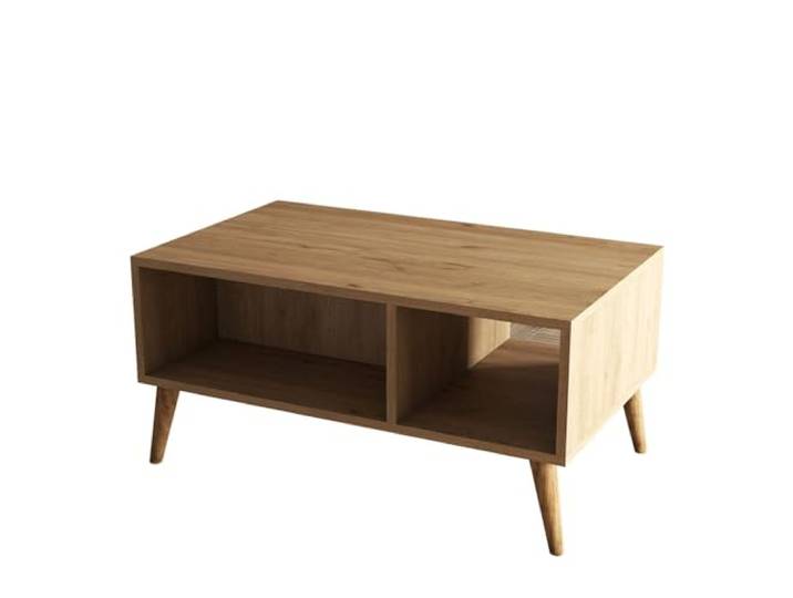 Hanah Home Moderner zweistöckiger Couchtisch mit Holzbeinen, Eichenfarbe, 90 x 54 x 41,6 cm 100% melaminbeschichtet, zur Wandmontage geeignet, skandinavisches Design