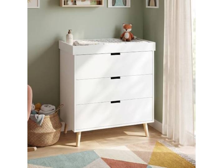 [en.casa] Wickelkommode mit Schubladen Sallinrar Aufsatz 92x84x50 cm Weiß Wickeltisch, mit abnembarem Wickelaufsatz, erhöhte Kanten