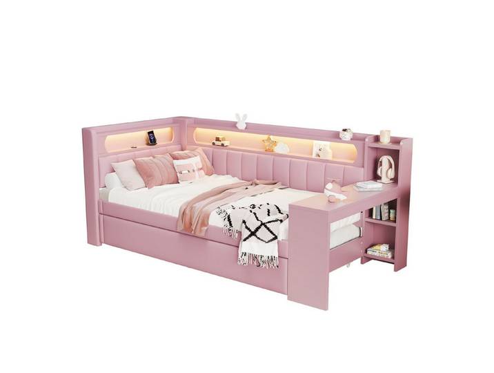 MODFU Kinderbett Tagesbett,Funktionsbett (Gepolstertes Tagesbett mit LED-Beleuchtung, USB-Anschlüssen & Ausziehbett., 1-tlg., 90x200), mit Ausziehbett