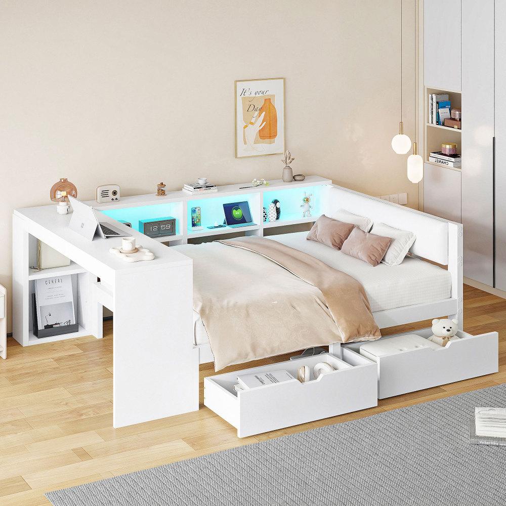 Holz-Plattformbett mit Schreibtisch, Bücherregal, Schubladen & LED-Kopfteil, gepolstertes Kopfteil, Weiß, 140x200cm