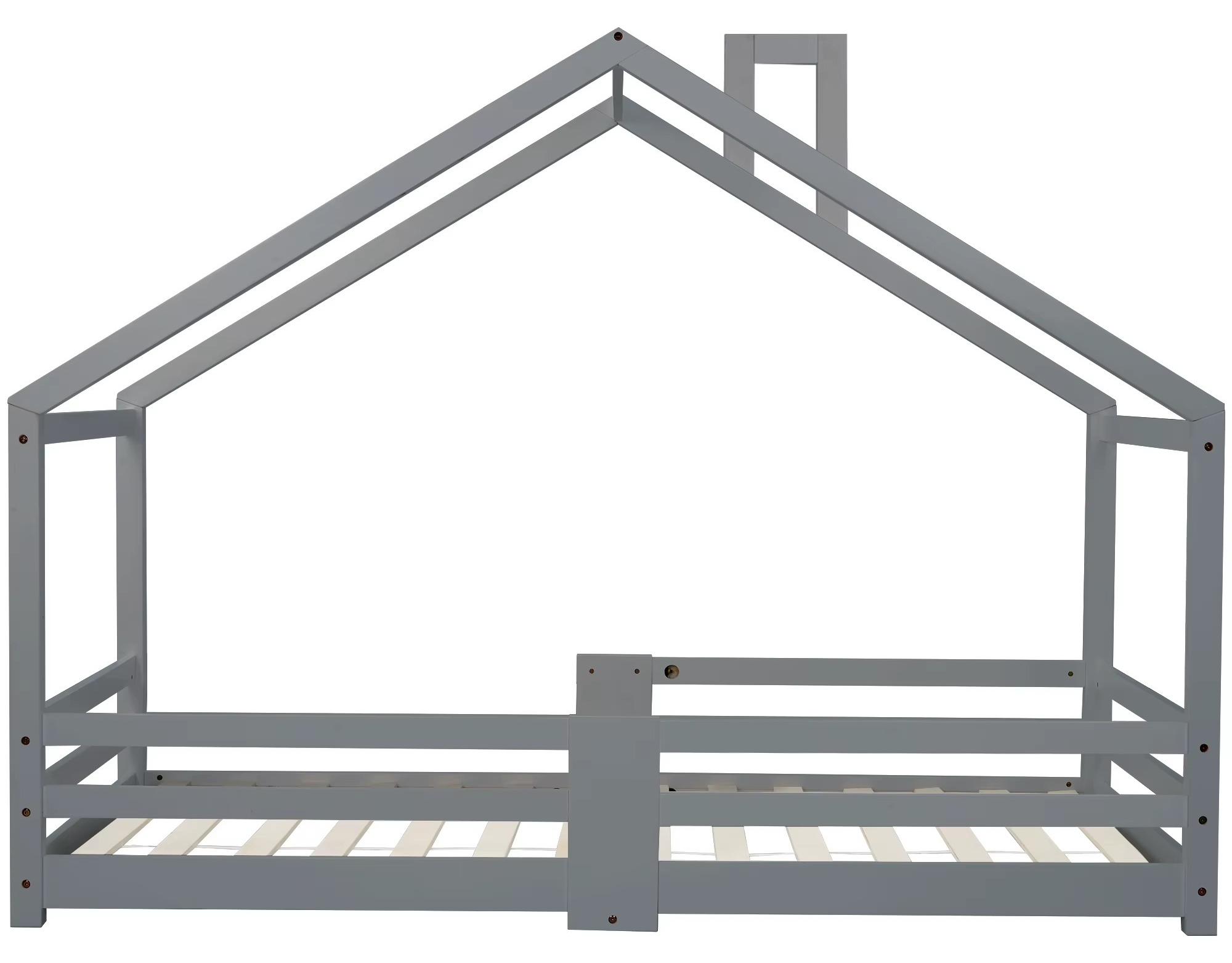 Kinder-Hausbett - Einzelbett 90 x 200 cm - Massivholz - Robuster Lattenrost - Schornstein und Rausfallschutz - Ohne Matratze - Graue A-Ausführung